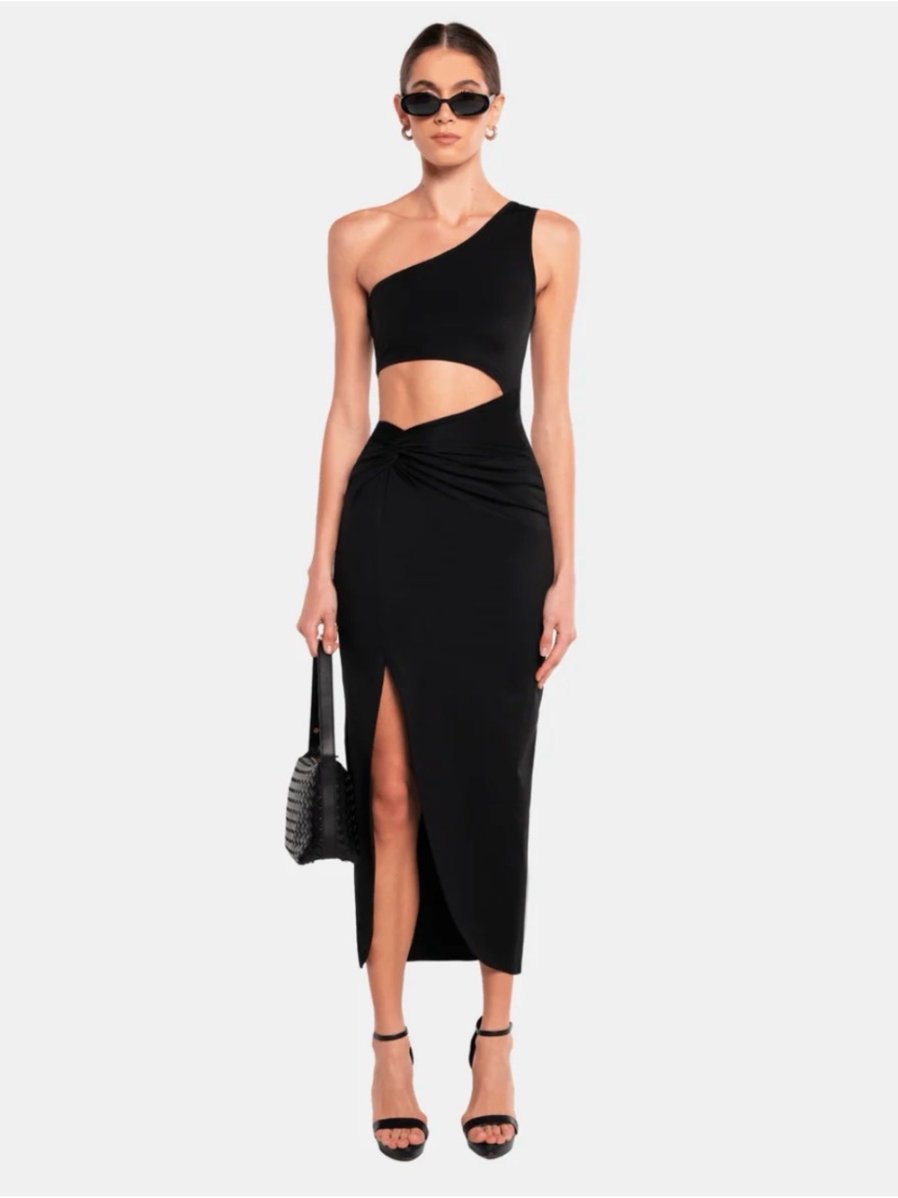 ISABELLA One-Shoulder Black Cutout Midi Dress